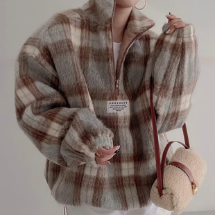 韩国chic秋冬小众气质立领毛茸茸撞色格纹宽松百搭长袖 毛呢卫衣女