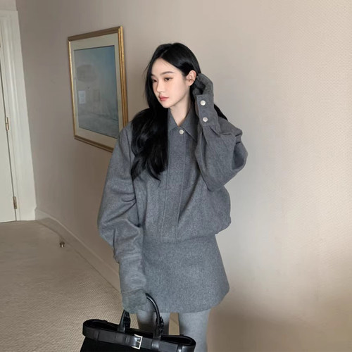 宽松休闲夹克呢子外套+A字半身裙