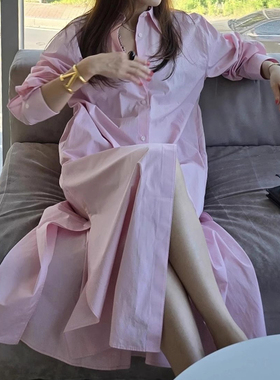 韩国chic早秋减龄气质翻领单排扣开叉设计宽松长袖衬衫式连衣裙女