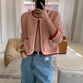 复古撞色包边双口袋长袖 法式 条纹针织毛衣外套女 新款 韩国chic秋季