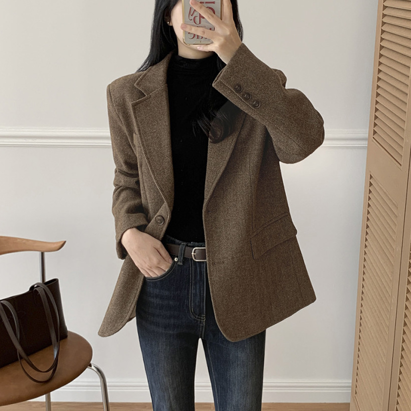 韩国chic秋季新款复古气质西装领人字斜纹宽松休闲长袖呢子外套女