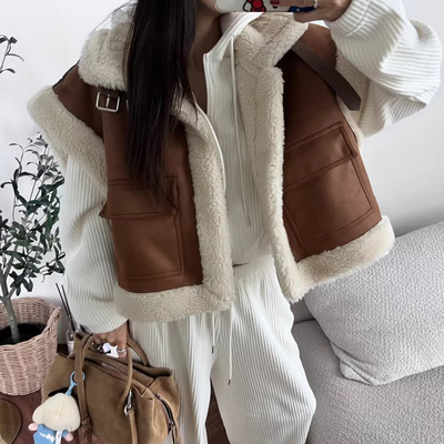 复古拼接皮毛一体羊羔毛马甲外套女2025冬季新款宽松无袖棉服上衣