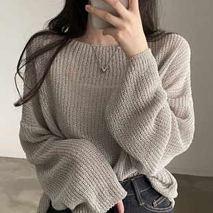 针织防晒衫 微透长袖 女 复古气质圆领宽松休闲纯色薄款 韩国chic夏季