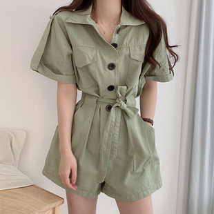 连体裤 韩国chic夏季 新款 翻领双口袋设计显瘦单排扣阔腿工装 女 短裤