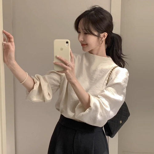 休闲后背拉链百搭灯笼袖纯色衬衫