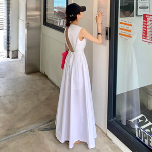 韩系chic夏季新款复古小心机露背系带收腰显瘦中长款背心连衣裙女