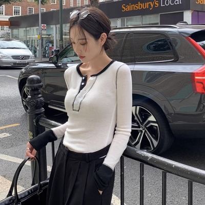 撞色修身百搭显瘦长袖针织衫