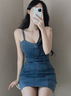 复古浅蓝色牛仔吊带连衣裙女