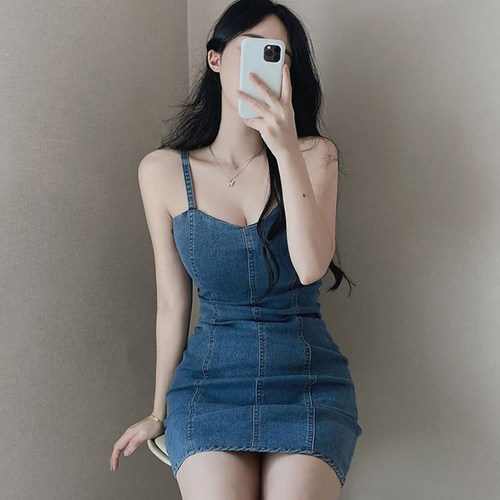 复古浅蓝色牛仔吊带连衣裙女