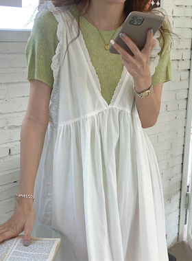 韩国chic夏季小清新圆领修身针织衫+蕾丝花边前后无袖连衣裙长裙