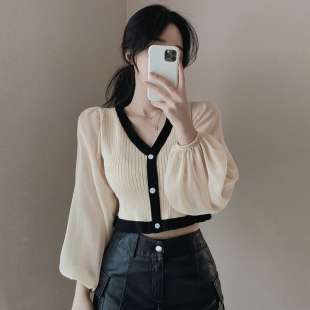 衬衫 韩国chic夏季 显瘦拼接网纱泡泡袖 小众V领撞色包边修身 女 法式