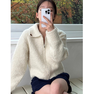 韩国chic秋冬温柔气质翻领圈圈毛宽松百搭长袖 拉链针织毛衣外套女