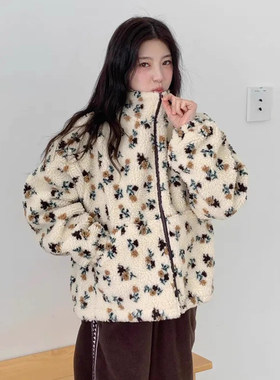 减龄气质立领碎花羊羔毛棉服外套