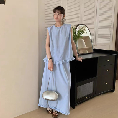木耳边背心衬衫A字半身裙两件套