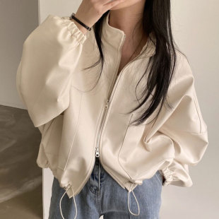 韩国chic秋季 小众帅气立领拉链大口袋设计抽绳系带机车皮衣外套女