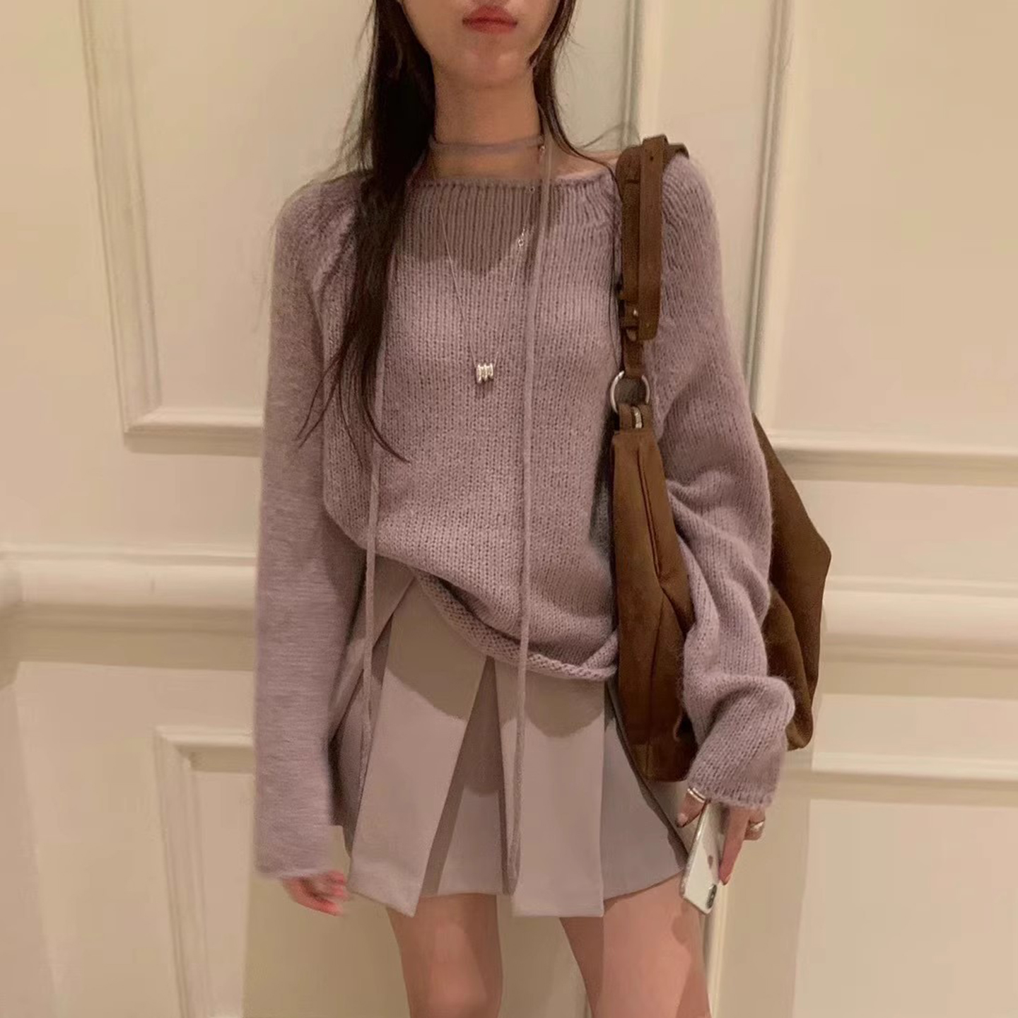 宽松休闲卷边长袖纯色针织毛衣