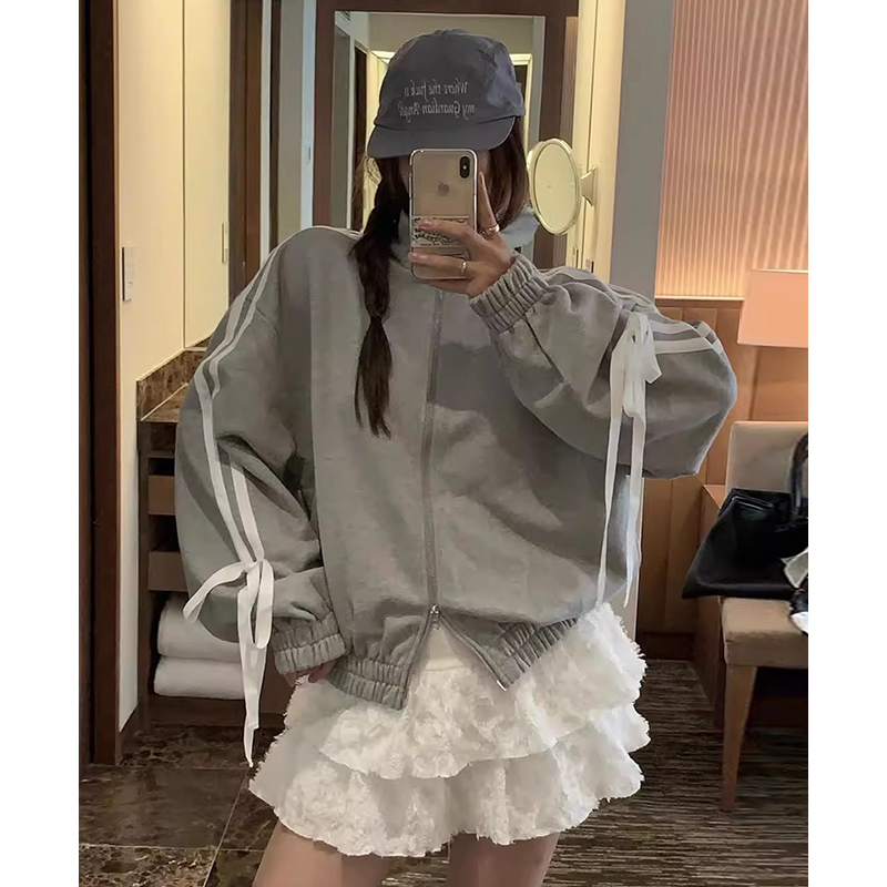 双拉链织带蝴蝶结长袖卫衣式外套