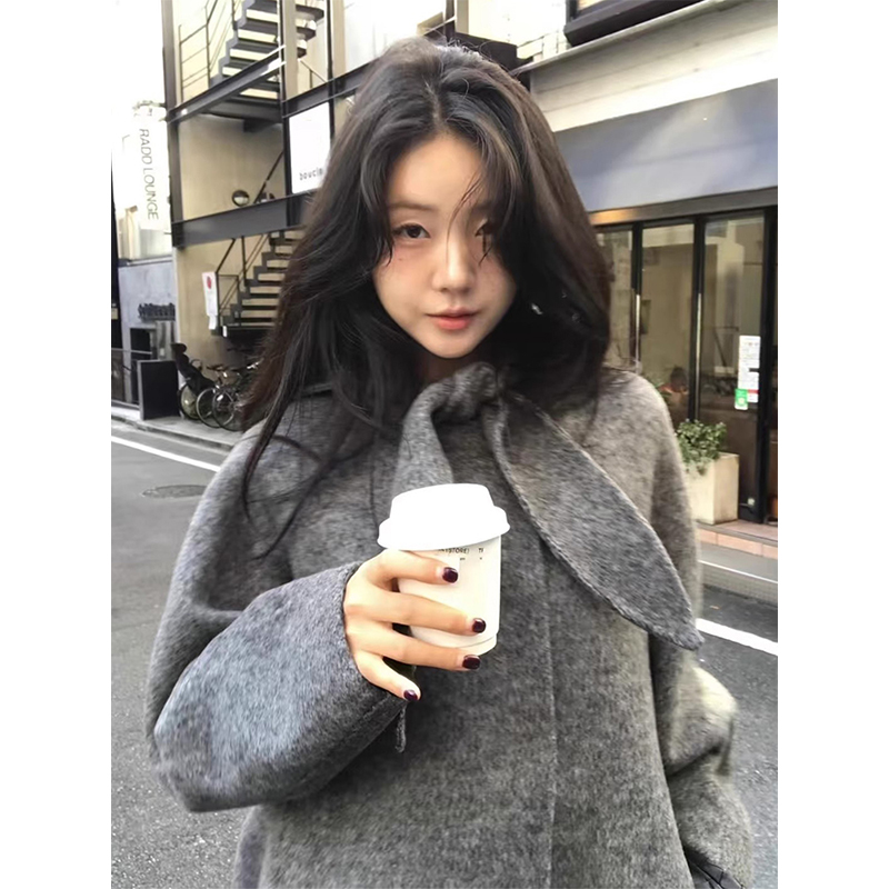 韩国chic冬季温柔甜美风系带蝴蝶结领宽松百搭长袖连帽毛呢外套女