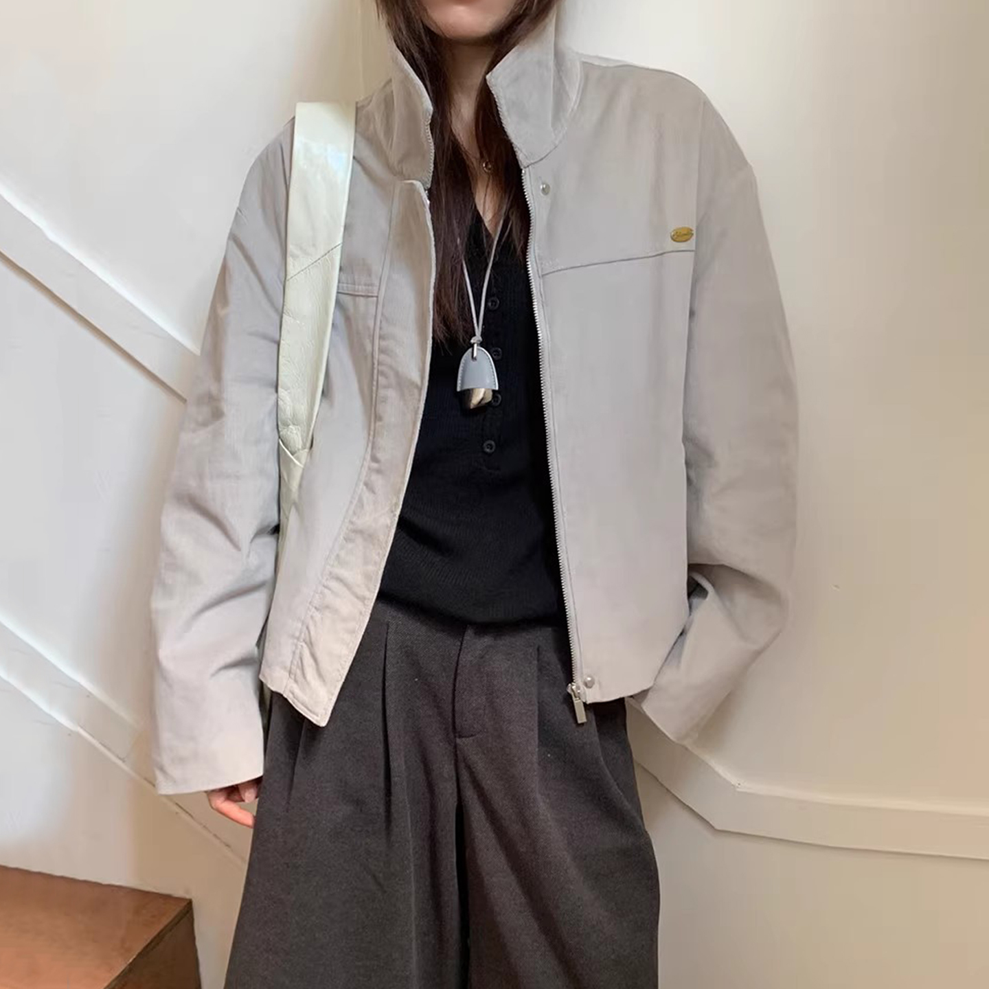 复古立领灯芯绒拉链短款夹克外套