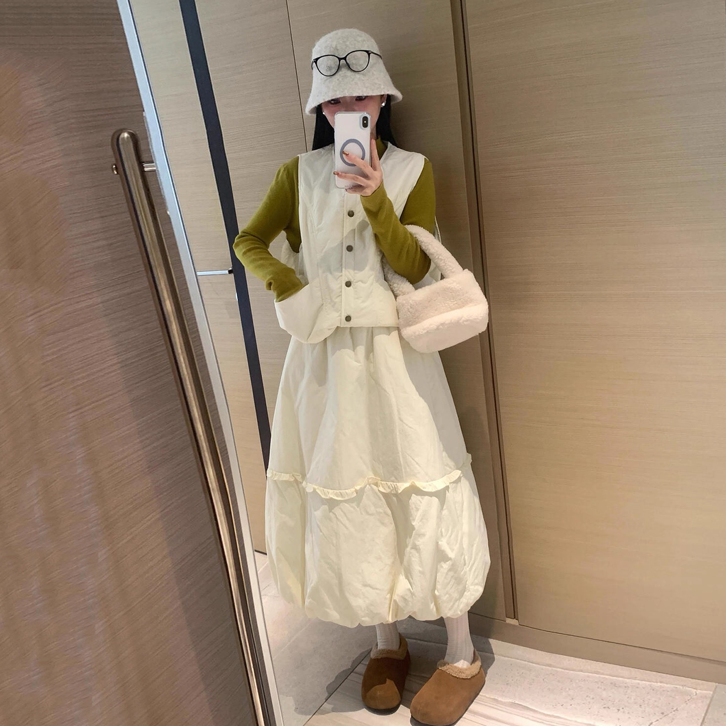 棉服马甲外套木耳边花苞半身裙