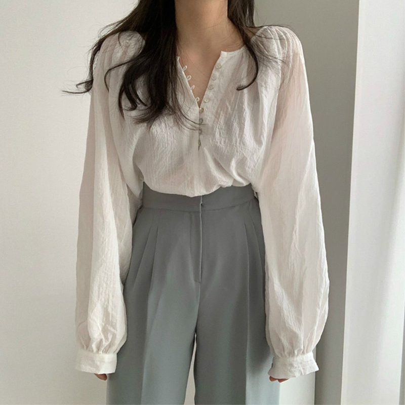 韩国chic夏季小众简约圆领贝壳扣薄款空调衫宽松百搭长袖衬衫女
