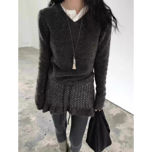 坑条长裤 镂空荷叶边短裙 三件套 高级感针织毛衣 韩国chic秋冬法式