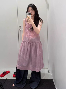 良良家温柔风紫色纽扣吊带连衣裙女夏季新款减龄方领直筒裙中长裙