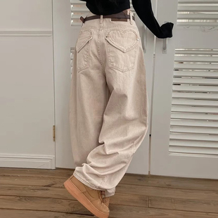 良良家爱心口袋设计牛仔裤女春季新款小众个性高腰百搭阔腿长裤子