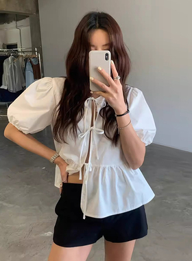 良良家小众叠穿系带蝴蝶结衬衫女夏季新款减龄气质白色灯笼袖上衣
