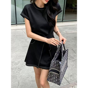 韩国chic夏季小众复古明线拼接假两件收腰显瘦短袖T恤连衣裙女