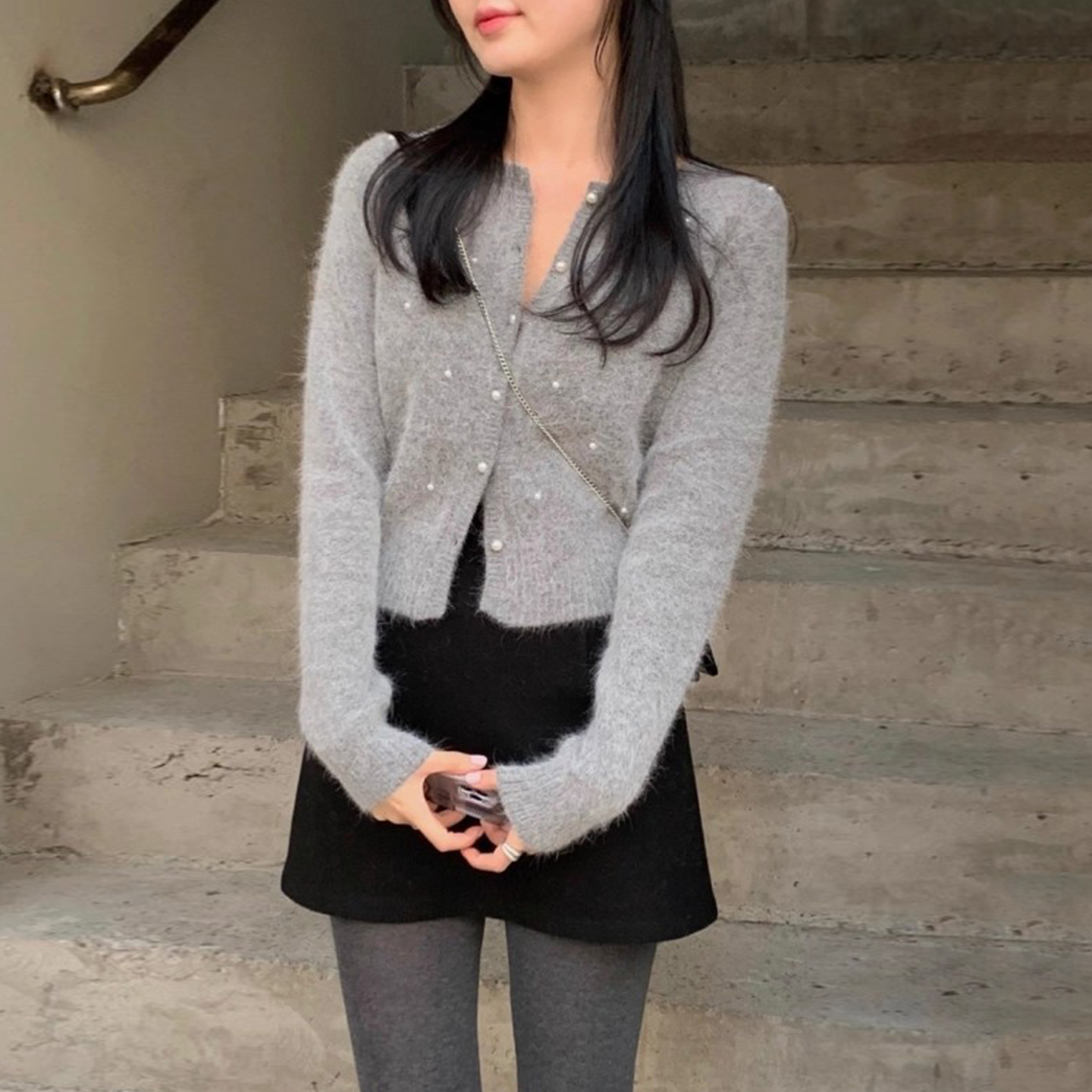 小香风钉珠点缀针织开衫毛衣外套