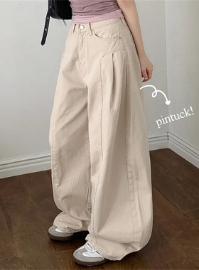 复古拼接压褶设计牛仔裤阔腿裤女2025冬季新款高腰显瘦百搭长裤子