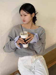 口百搭长袖 卫衣女 小众设计感斜领宽松休闲拼接条纹袖 韩国chic秋季