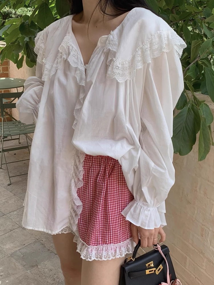 休闲拼接蕾丝花边长袖防晒衬衫