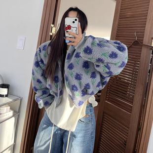小众百搭保暖棉衣 新款 减龄花朵提花短款 羊羔毛棉服外套女2025冬季