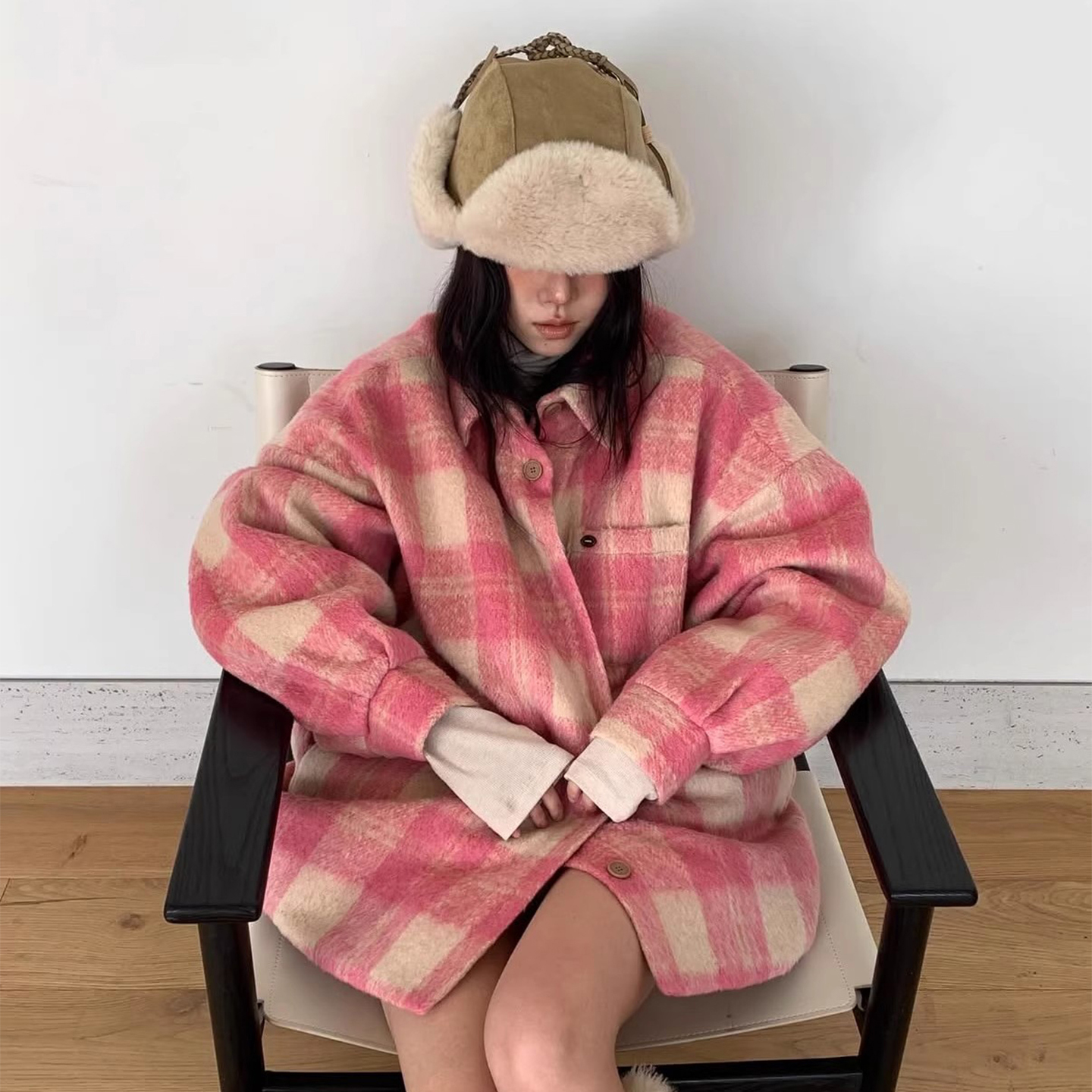 粉色棋盘格夹棉保暖毛呢外套女