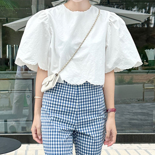 小众波浪边设计宽松休闲泡泡袖 简约气质白色衬衫 法式 女装 衬衣 夏季