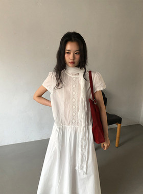 拼接蕾丝刺绣泡泡袖袖连衣裙女