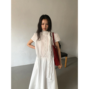 韩国chic夏季新款甜美减龄气质拼接蕾丝刺绣泡泡袖袖连衣裙长裙女