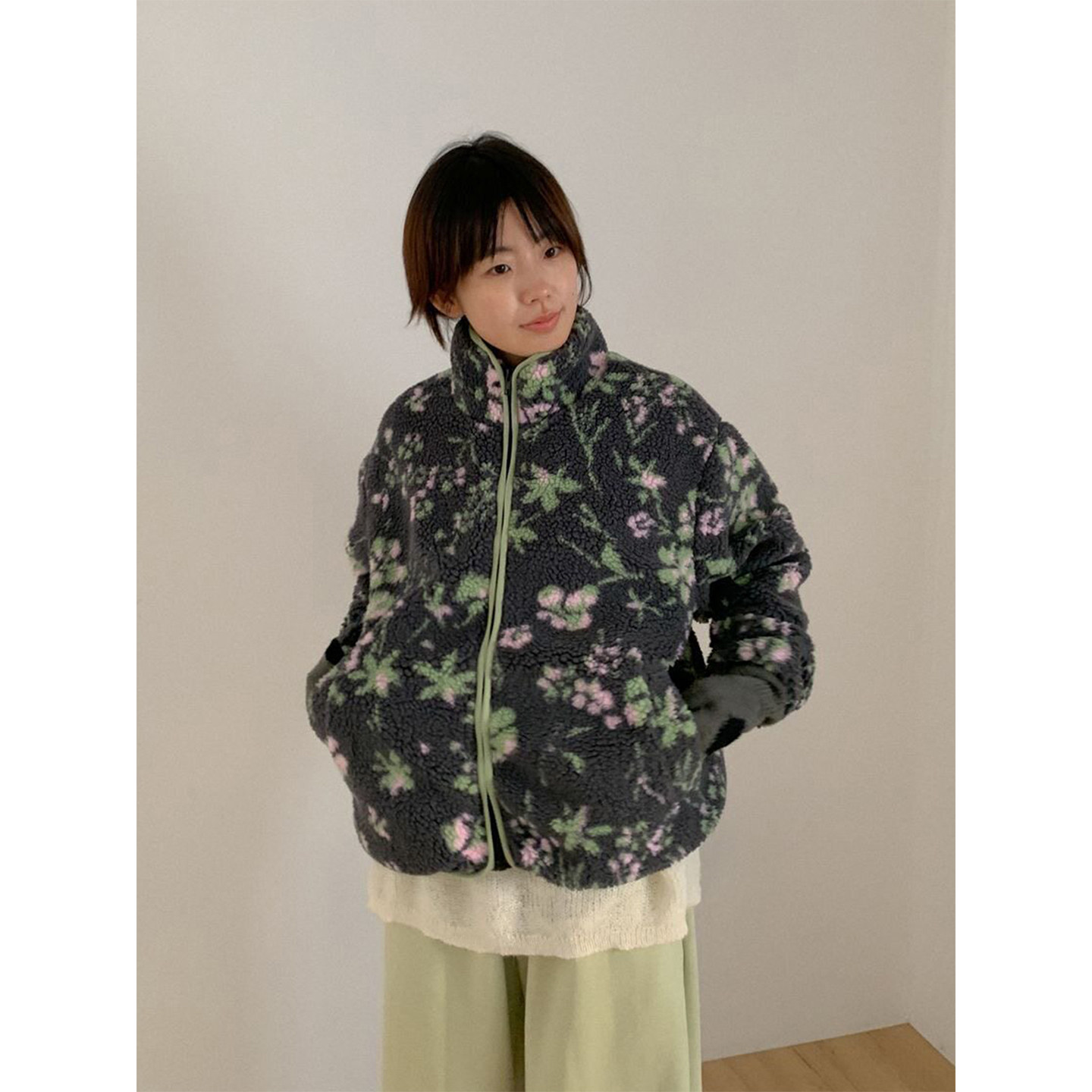 良良家复古花卉羊羔毛棉服外套女冬季新款加厚保暖拉链立领棉衣