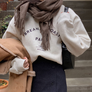 韩国chic秋季 套头卫衣女 小众慵懒风圆领刺绣字母设计宽松百搭长袖