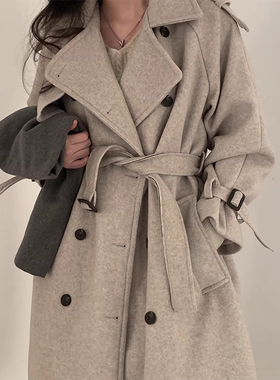 韩国chic秋冬复古气质双排扣系带收腰显瘦过膝长款毛呢外套大衣女