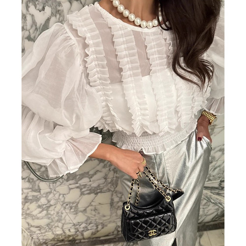 气质拼接立体褶皱木耳边别致衬衫