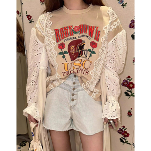 减龄拼接重工刺绣镂空提花宽松字母印花长袖 卫衣 法式 韩国chic秋季