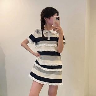 小香风拼接蕾丝花边娃娃领针织连衣裙女2026夏季气质宽松直筒裙子