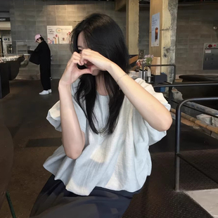 新款 良良家小清新纯色灯笼袖 女夏季 短款 甜美减龄宽松休闲上衣 衬衫