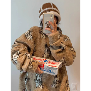 减龄复古小兔子提花毛茸茸卫衣外套女2025冬季新款宽松羊羔毛上衣