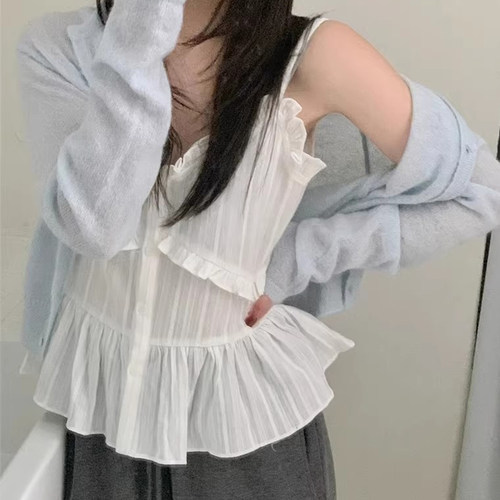 纯色花边V领小吊带背心无袖上衣