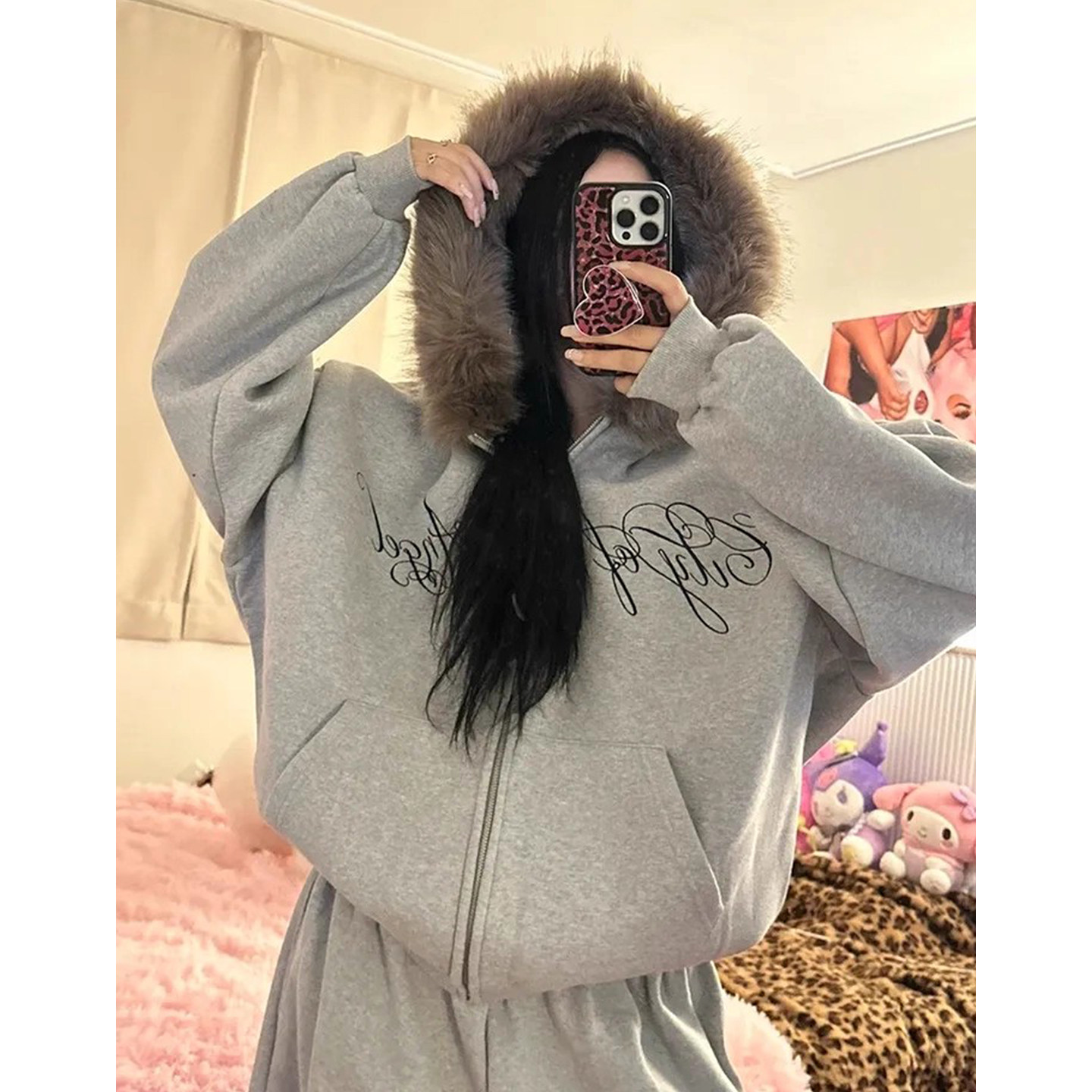 韩国chic冬季小众百搭大毛领字母印花设计宽松长袖连帽卫衣外套女,女装/女士精品,卫衣/绒衫,淘宝优惠券,粉丝福利购,淘宝优惠卷