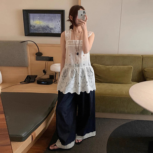 套装 良良家重工蕾丝拼接背心衬衫 复古小众高腰牛仔长裤 女夏季 新款
